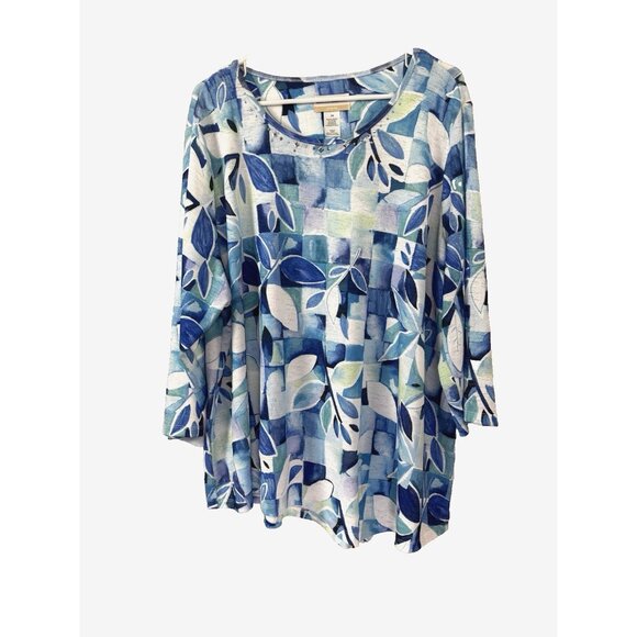 Alfred Dunner 3X Granny Coastal Grandma Blue White Floral 3/4 Sleeve Stretch Fit - Picture 1 of 10
